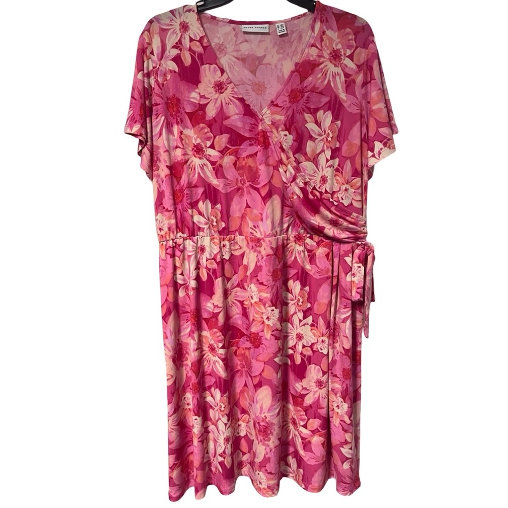 Susan Graver Faux Wrap Dress Pink Floral Women's Plus Petite Size 1XP